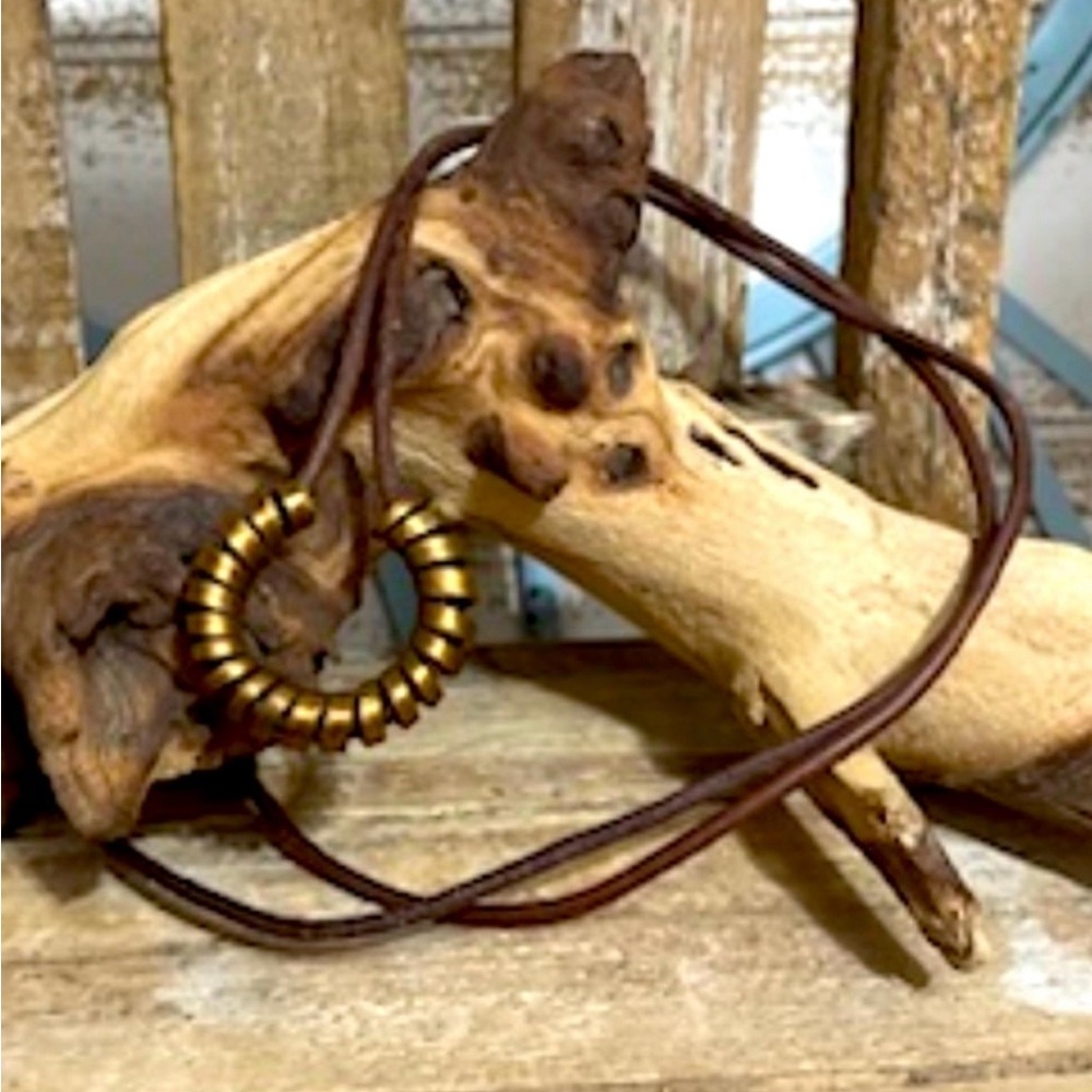 Brass Spiral BOHO Necklace On Leather Cord NEW